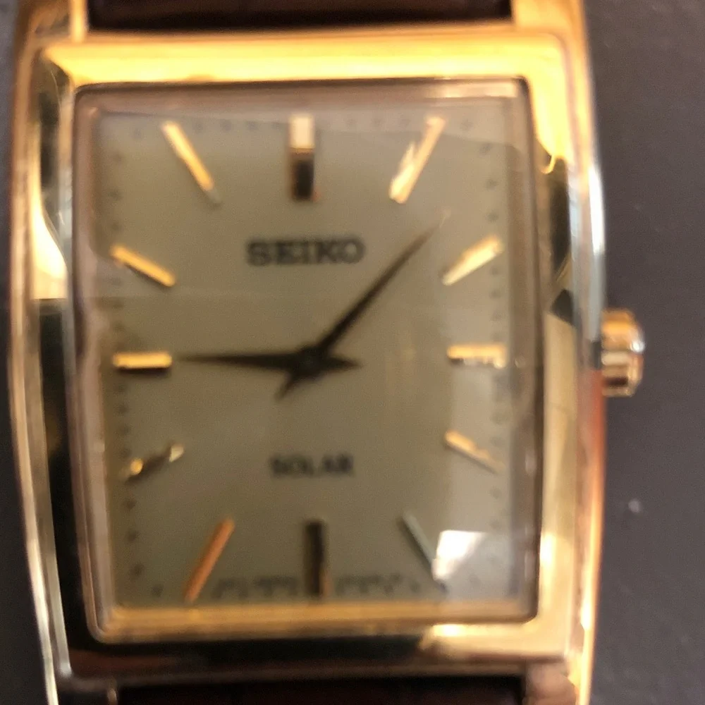 Mens Seiko Gold-Tone Rectangular Solar Watch with Brown Strap - Picture 6 of 8